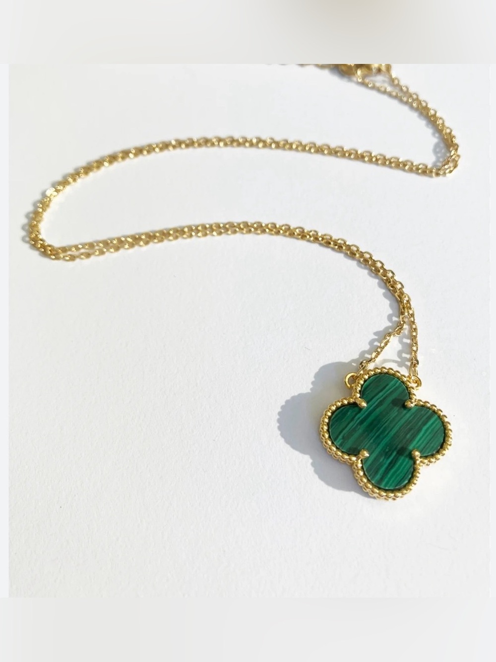 Gold-Tone Necklace with Green Malachite-Style Clover Pendant